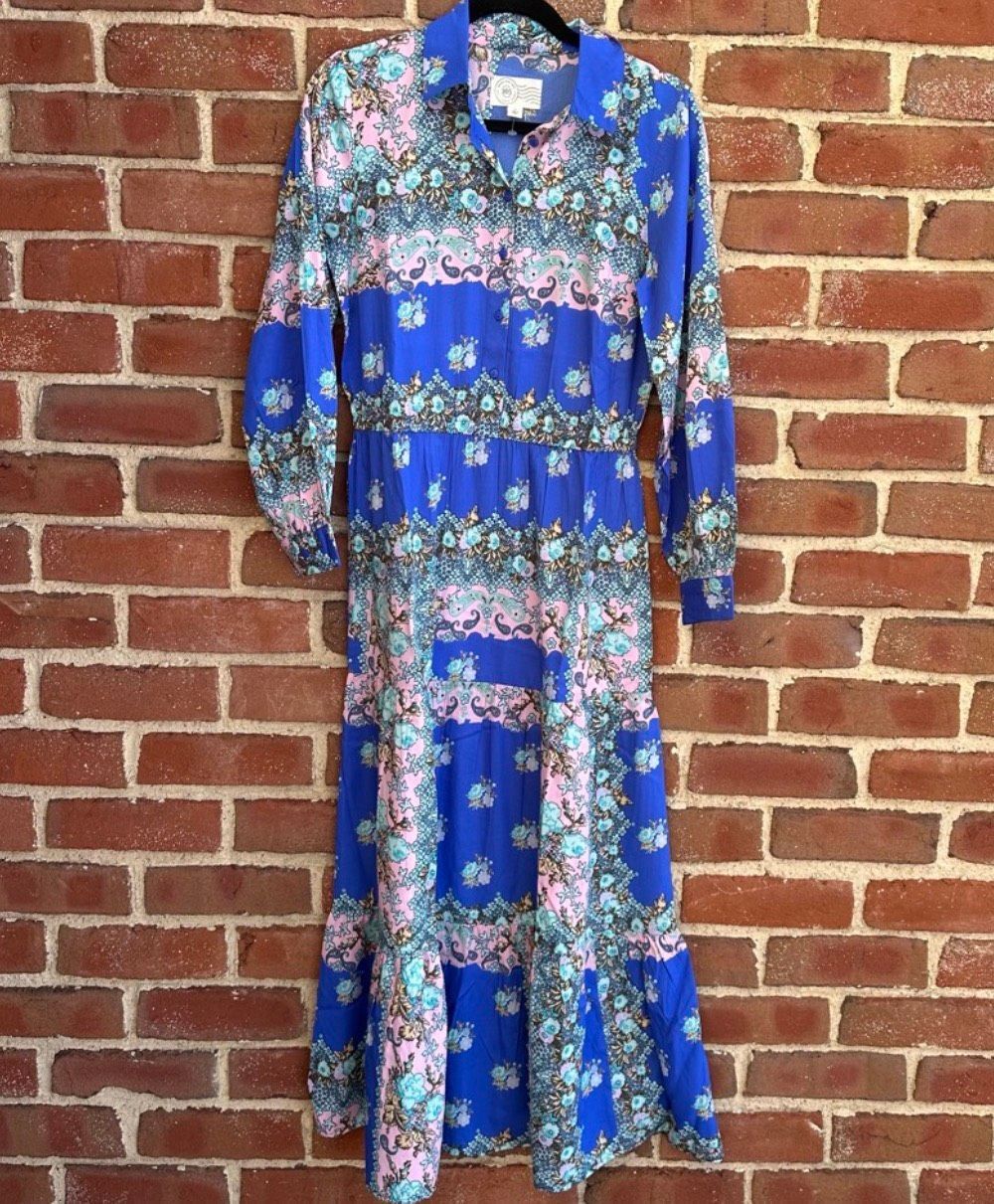 Destination 365 boho Printed Maxi Dress Collared Button Front Tiered M NEW